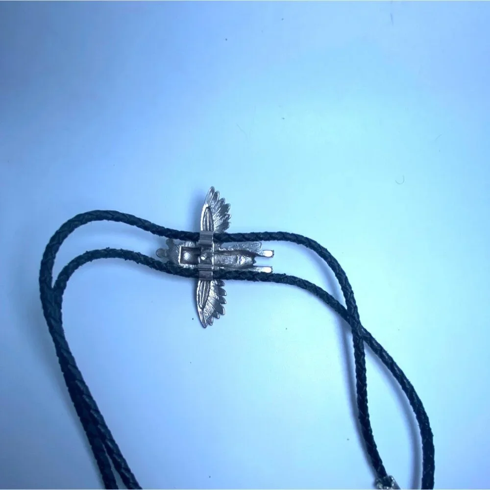 Vintage Thunderbird Turquoise  Silver Tone Kachina Bolo Tie Braided Leather Cord - Picture 4 of 6
